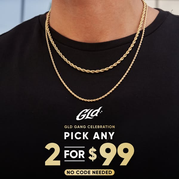 This image ad promotes GLD jewelry, specifically offering two items for $99 with no code needed. The ad features a close