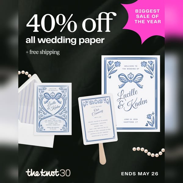This image ad for The Knot highlights a sale of 40% off all wedding paper, plus free shipping. The visual showcases a va