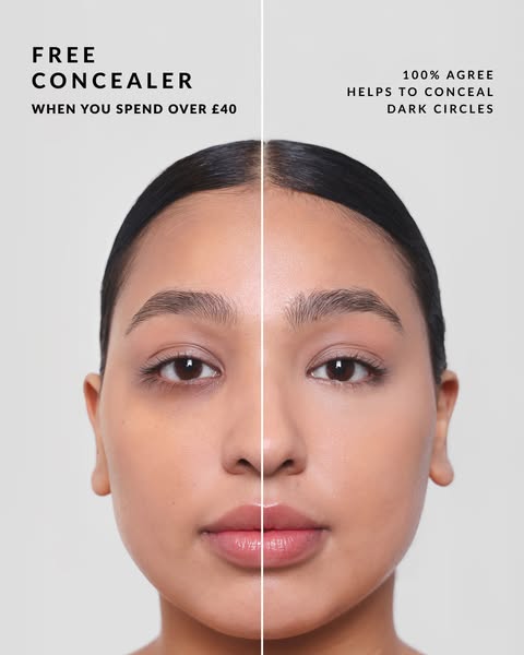 This ad showcases a split screen of a woman's face before and after using concealer to address dark circles under th