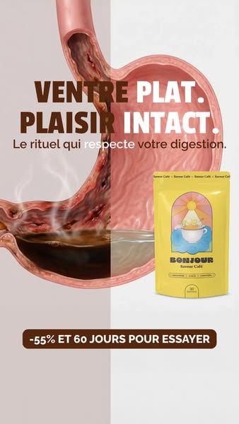 This ad promotes Bonjour Saveur Café, emphasizing the benefits of a flat stomach and preserved pleasure through a ritual