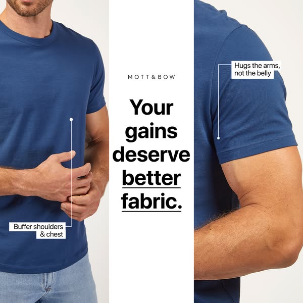 This image ad highlights the features of Mott & Bow's t-shirts. The ad aims to convey the benefits of the shirt,