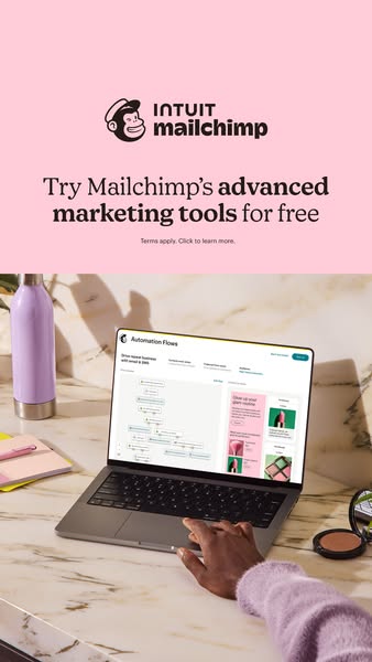 This ad promotes Mailchimp's advanced marketing tools, offering a free trial. It features a person interacting with 