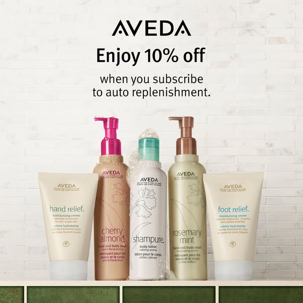 This image ad promotes Aveda products and advertises a 10% discount for those who subscribe to auto replenishment. A var