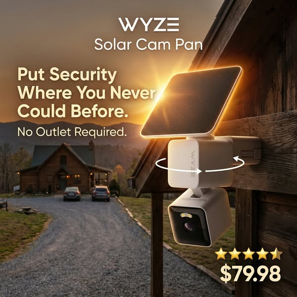 This image ad for Wyze's Solar Cam Pan features the product mounted outside of a log cabin. The ad emphasizes the pr
