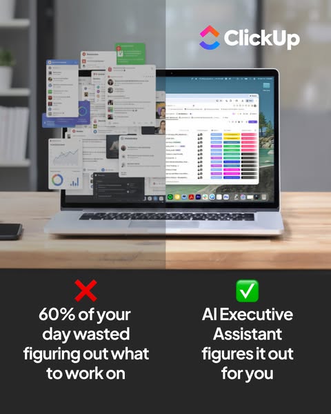 This ad highlights the problem of wasting time figuring out what to work on and presents ClickUp's AI Executive Assi