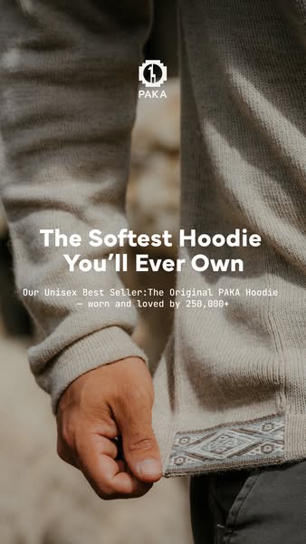 This ad promotes the PAKA hoodie, touting its softness and popularity with over 250,000 customers. The visual focuses on