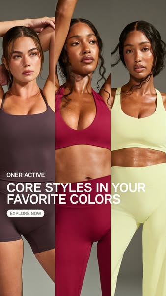 This ad showcases a variety of activewear sets from Oner Active in different colors. The ad emphasizes the core styles o
