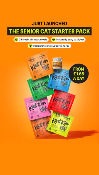 This ad promotes KatKin's Senior Cat Starter Pack, highlighting its fresh, all-meat meals that are naturally easy to
