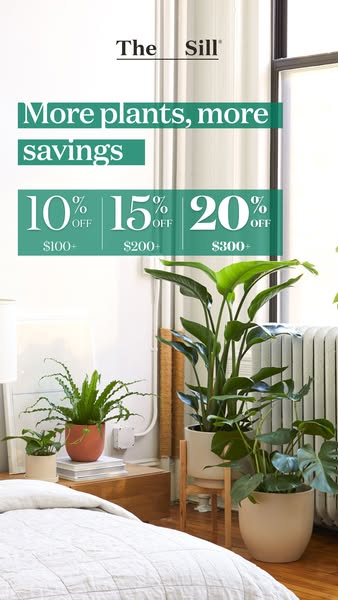 This image ad by The Sill promotes a tiered discount offer based on the order total: 10% off $100+, 15% off $200+, and 2