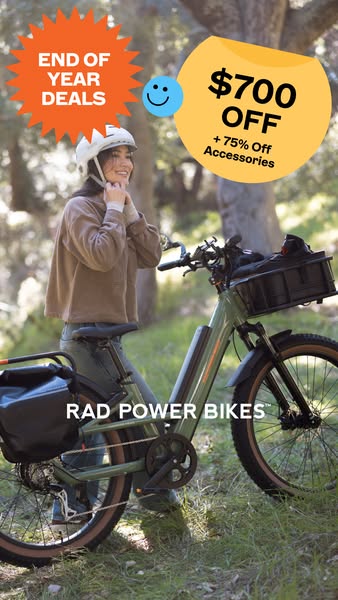 This image ad for Rad Power Bikes features a woman wearing a helmet and adjusting the strap while standing next to an e-