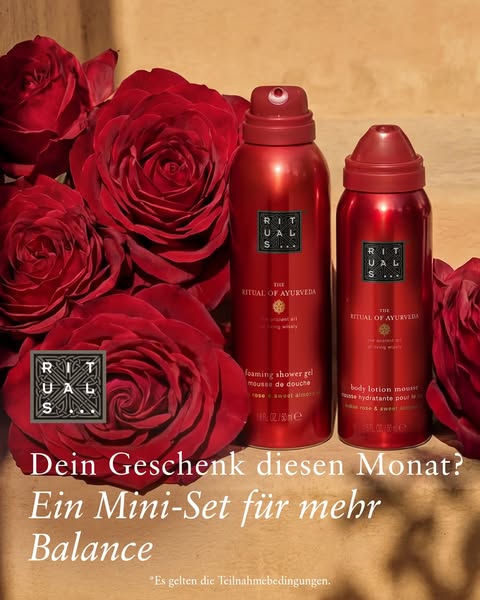 This image ad promotes the Rituals mini-set, ideal as a gift, specifically for Valentine's Day. Two Ritual of Ayurve