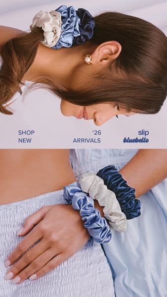 The image ad displays three different colored silk scrunchies worn by a woman. The ad appears to be promoting new arriva