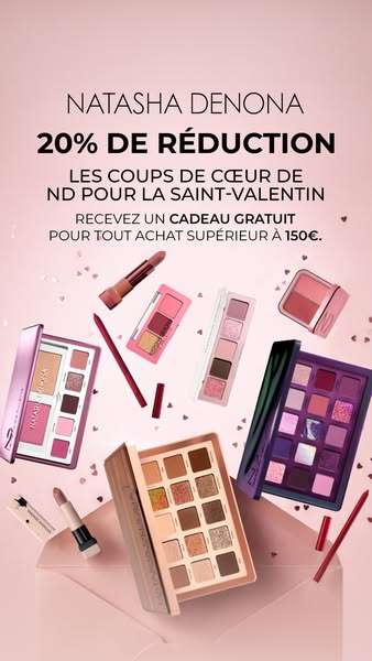 This ad features various makeup products from Natasha Denona, presented against a pink background with small heart accen