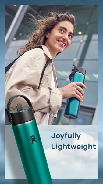 An image ad promoting Hydro Flask's lightweight water bottles. The ad features a woman smiling while walking outdoor