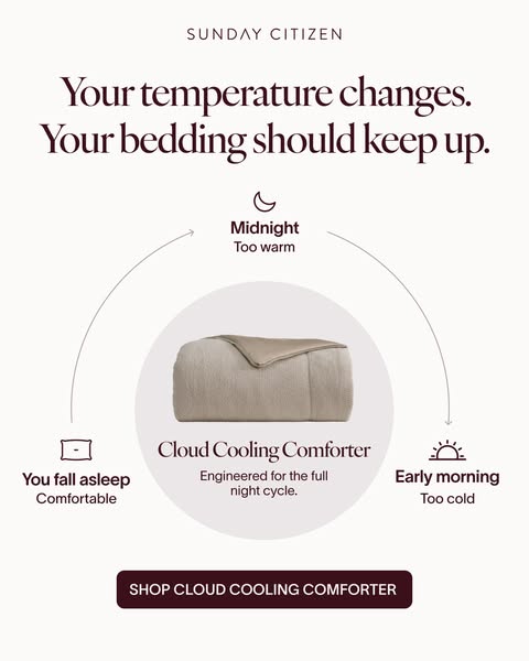 This image ad for Sunday Citizen's Cloud Cooling Comforter highlights the product's temperature regulation benef