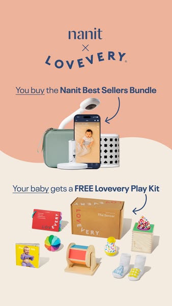 This ad promotes the Nanit Best Sellers Bundle in partnership with Lovevery, offering a free Lovevery Play Kit with the 
