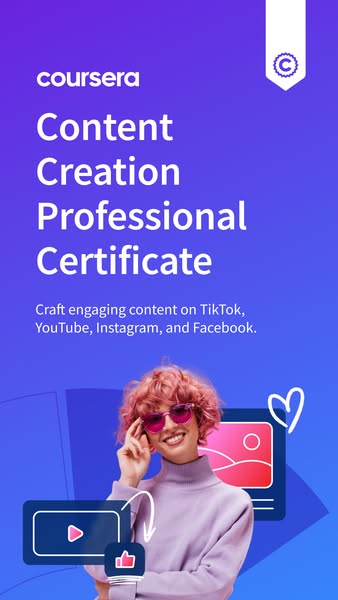 This image ad promotes Coursera's Content Creation Professional Certificate. It features a woman with pink hair and 