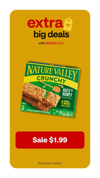 An image ad for Nature Valley Crunchy Oats 'n Honey granola bars features a box of the product along with a sale pri