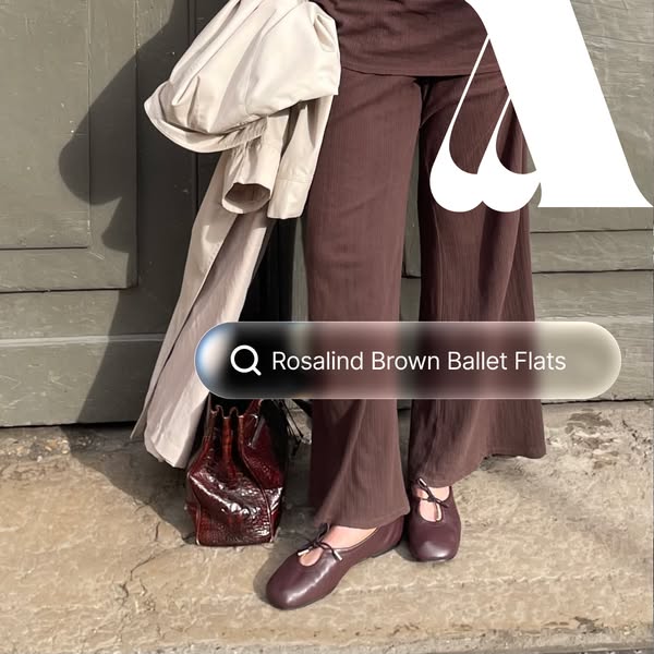 This ad shows brown ballet flats being worn with a matching outfit. It is designed to look like a fashion search from an
