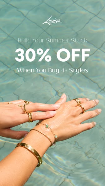 This ad promotes Lovisa jewelry with a summer theme. It offers a 30% discount when customers buy four or more styles. Th
