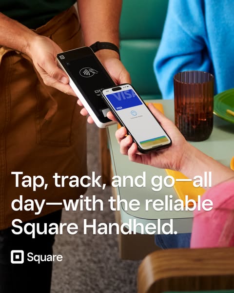 This ad showcases the Square Handheld payment processing system, emphasizing its reliability and ease of use for busines