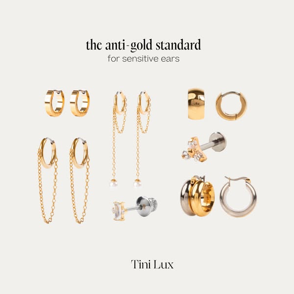 This ad showcases a variety of earrings from Tini Lux, highlighting their suitability for sensitive ears. The ad aims to