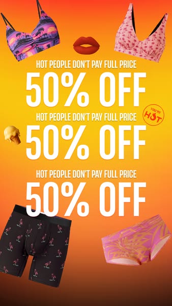 This image ad for underwear and swimwear uses bold text and emojis to target 'hot people' with a 50% off discoun