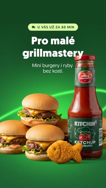 This ad is for Kitchin Ketchup and emphasizes the family-friendly nature of mini burgers, fish, and ketchup.