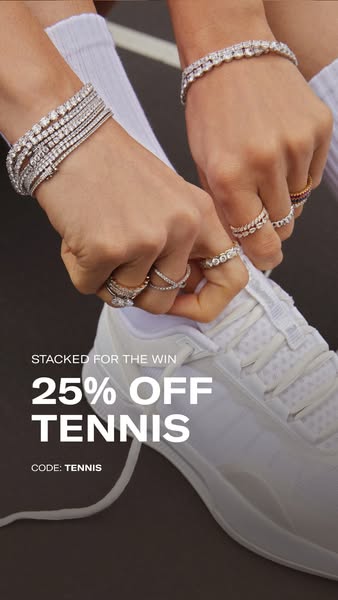 This image ad promotes tennis bracelets and other jewelry, offering a 25% discount with a provided code. The ad features