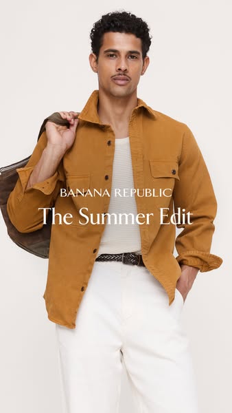 This Banana Republic ad presents a model wearing pieces from The Summer Edit, with the brand name and edit name layered 