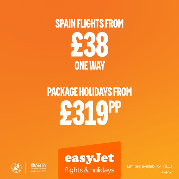 The image advertises low-cost flights and package holidays to Spain with EasyJet.