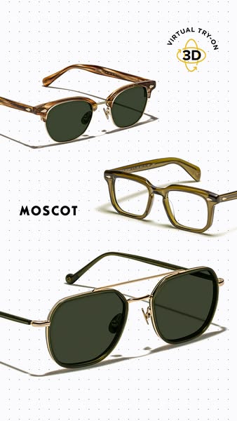 The image promotes Moscot eyewear with a focus on virtual try-on functionality. The ad features three different styles o