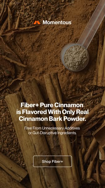 This image ad for Momentous Fiber+ Pure Cinnamon highlights the use of real cinnamon bark powder as a flavoring and emph