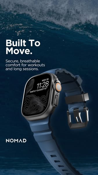 The ad highlights the brand's watch band, made for comfort and durability during workouts and long sessions.