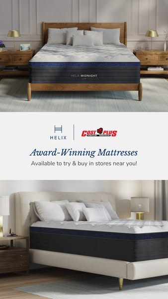 This ad is for Helix mattresses and promotes that the award-winning mattress is available to try and buy in stores.