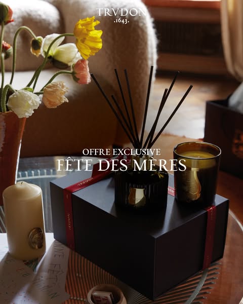 This ad features an exclusive offer from TRVDON for Mother's Day. It displays a candle, a diffuser, and a boxed set.