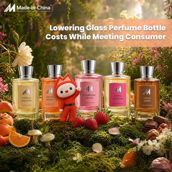This image ad showcases Made-in-China as a supplier for lowering costs on glass perfume bottles while meeting consumer d