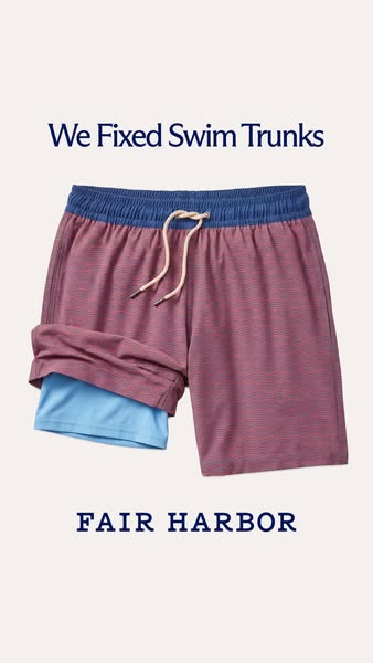 This image ad shows a close-up of a pair of Fair Harbor swim trunks. The text headline states, “We Fixed Swim Trunks” ab