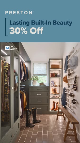 This image ad for Preston by The Container Store showcases a custom closet design and advertises a 30% off sale.