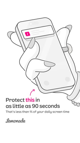 An ad promoting Lemonade Insurance features a hand holding a phone with the Lemonade app notification displayed. The ad 