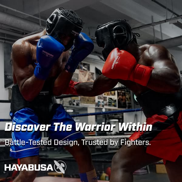This image ad showcases two boxers in a sparring match wearing Hayabusa combat gear. The ad highlights the brand's b