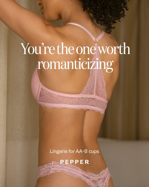 An ad for Pepper brand lingerie, featuring a woman wearing a pink bra and underwear set. The ad highlights the brand'
