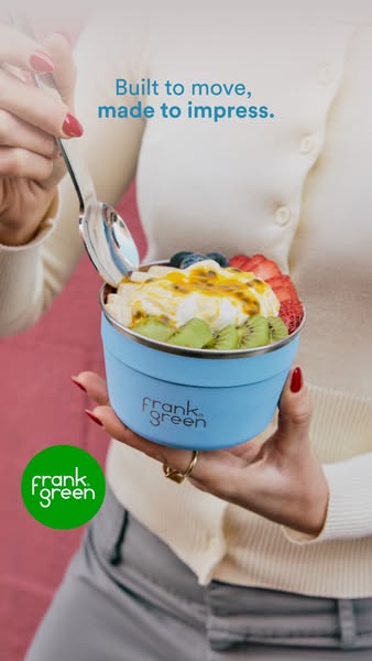 This ad showcases a blue Frank Green bowl filled with fruit and yogurt. The ad highlights the bowl's portability and