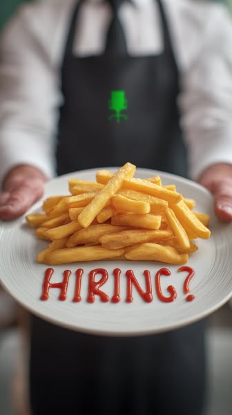 This ad features a plate of french fries with the word "HIRING?" written in ketchup. The ad is likely targetin
