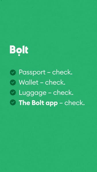 This ad uses a checklist format to highlight the importance of the Bolt app for travel, suggesting it's as essential