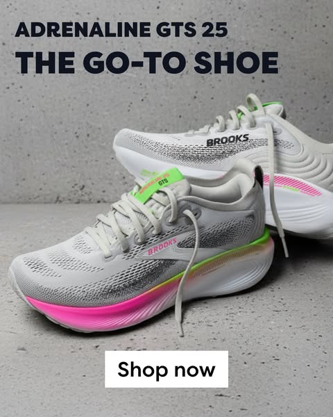 This ad showcases the Brooks Adrenaline GTS 25 running shoe, highlighting its design and availability for purchase.