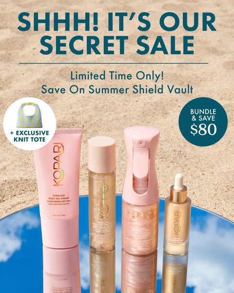 This ad is for Kopari's Summer Shield Vault, which includes a body gel cream, face mist, body oil, and a knit tote.
