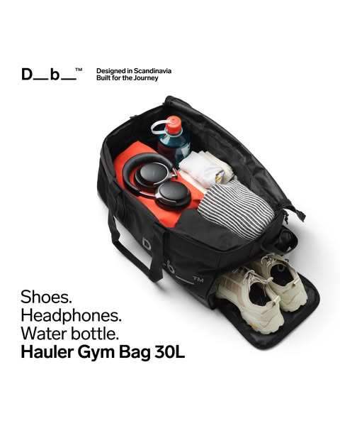 This ad showcases the Hauler Gym Bag 30L by D--b--. It highlights the bag's features by showing it packed with essen