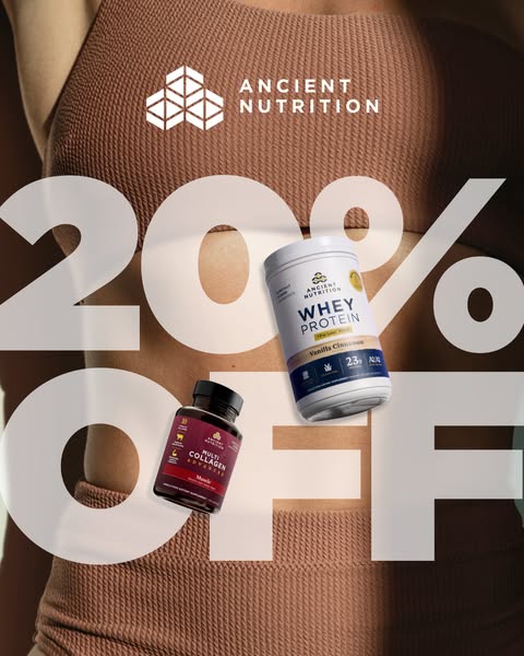 The ad is promoting a sale for Ancient Nutrition's whey protein and multi collagen supplements. The ad is trying to 