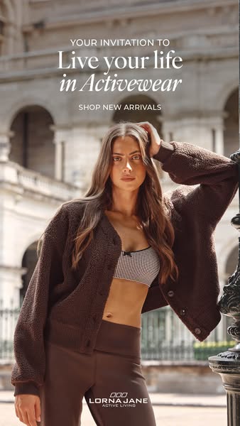 This ad features a woman posing outdoors while wearing a Lorna Jane activewear outfit. The text invites the user to &quo